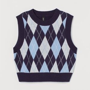 H&M Argyle Knit Cropped Sweater Vest in Blue and White XS Preppy Academia